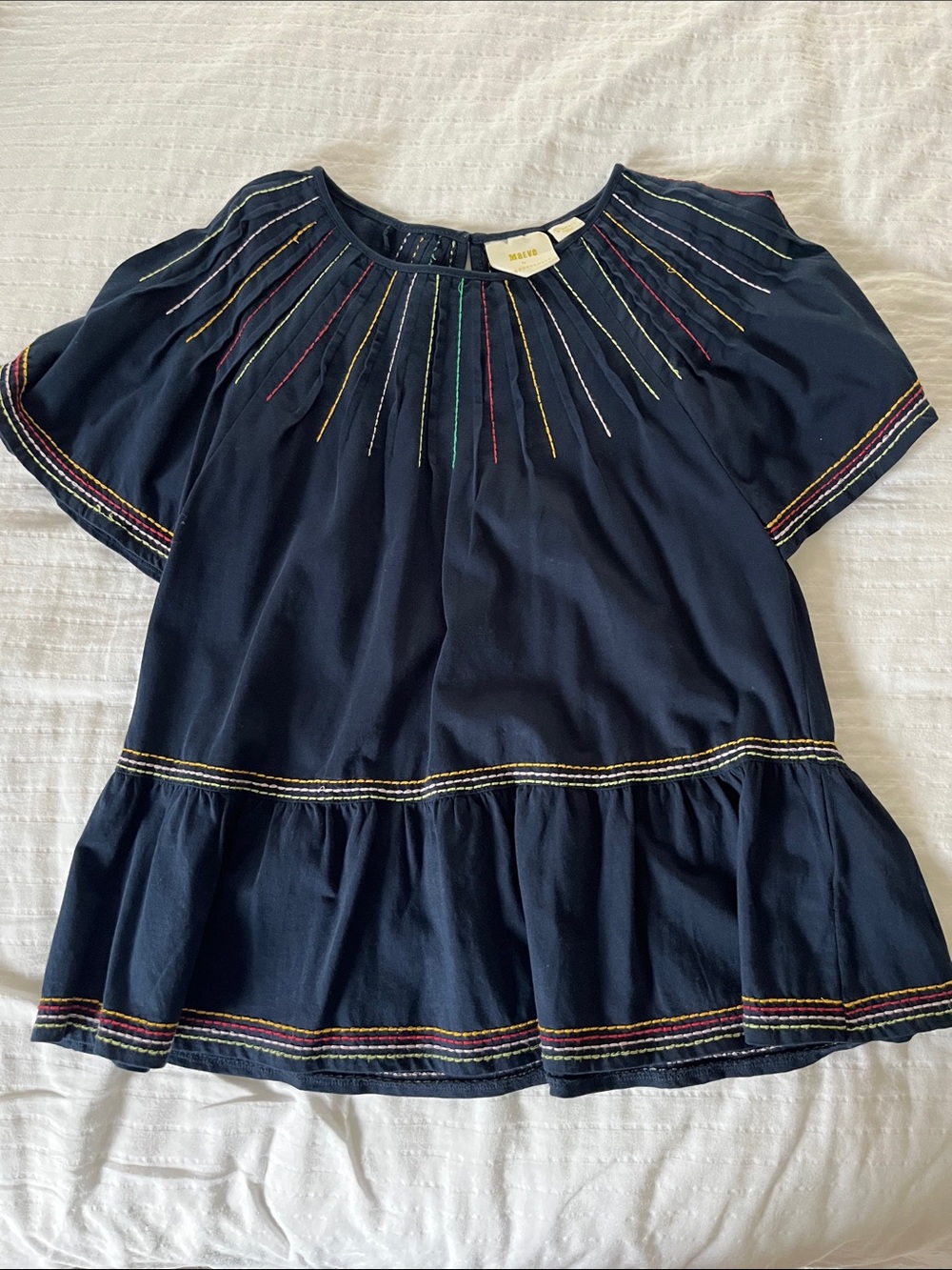 Anthropologie Navy Peplum Top with Multicolor Stitching